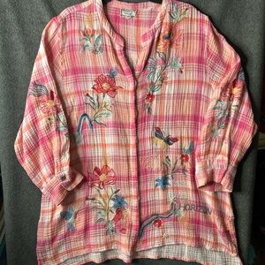 Johnny Was Jordan Voyager Tunic Horizon crinkle gauze plaid embroidered blouse